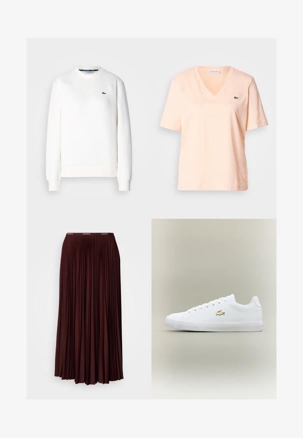 Hvid sweatshirt lavet af bomuldsblanding, med rund halsudskæring, ribbede manchetter og et lille grønt logo på brystet. Glat tekstur.; Lyse ferskenfarvet v-hals t-shirt i bomuld med korte ærmer, med en lille grøn Lacoste-logo på venstre brystområde.; Bordeaux plisseret nederdel lavet af blødt stof med en elastisk talje og et diskret logo. Hel længde design med lodrette plisseringer.; Hvid sneaker lavet af glat læder med en rund tå, flade snørebånd og et lille guld logo. Har en struktureret gummisål og et enkelt design.