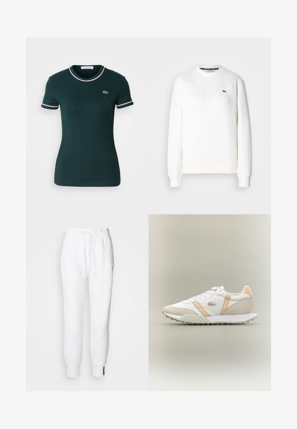 Hvid sweatshirt lavet af bomuldsblanding, med rund halsudskæring, ribbede manchetter og et lille grønt logo på brystet. Glat tekstur.; Mørkegrøn kortærmet t-shirt, figursyet design, med hvid kant omkring kraven og ærmerne, og med et lille Lacoste-logo på brystet.; Hvide joggerbukser med elastisk talje og snøre, der har sidelommer og ribbet manchetter. Blødt stof med broderet logodetalje.; Hvide og beige lavtop sneakers med tekstureret sål, snørebånd foran og beige sidestriber på neutral baggrund.