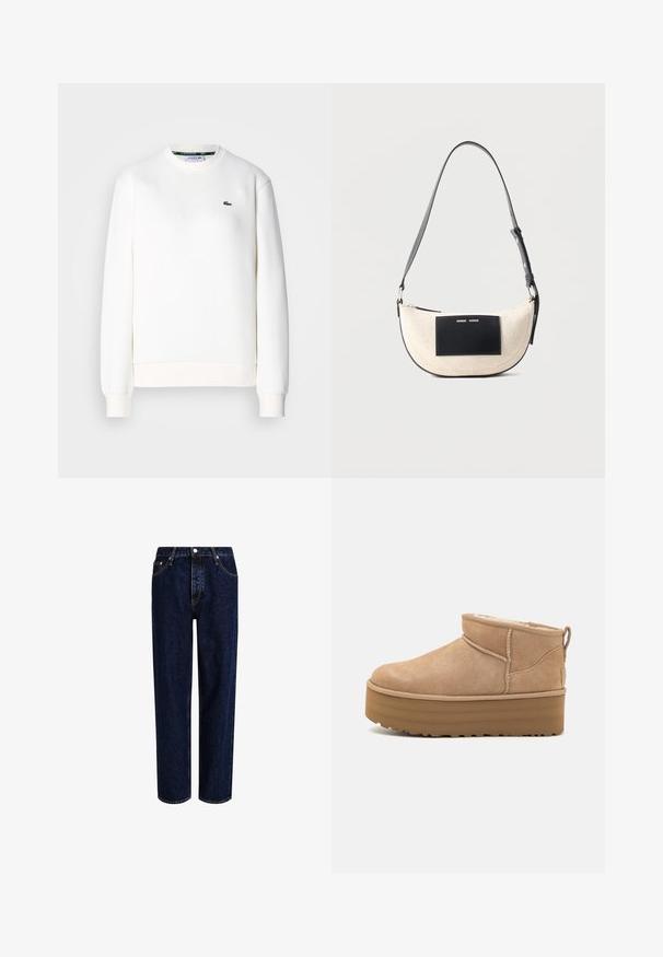 Hvid sweatshirt lavet af bomuldsblanding, med rund halsudskæring, ribbede manchetter og et lille grønt logo på brystet. Glat tekstur.; Mørkeblå denim jeans med lige ben-design, der har høj talje, fem-lomme-stil og kontrastsyninger. Ingen dekorationer.; Beige ruskinds ankelstøvler med et blødt indre, der har en platformssål og en strop bagpå for nem påtagning. Tekstureret gummisål.; Beige skuldertaske formet som en halvmåne med justerbar sort rem og sort rektangulært mærke foran med lille hvid tekst.