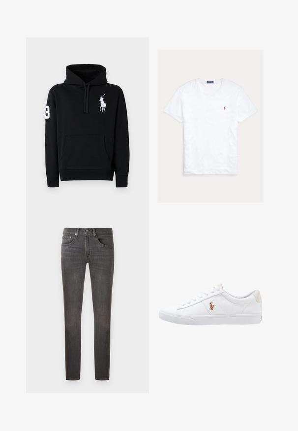 Sudadera negra de algodón, con un bolsillo frontal, capucha con cordón y un logo de jugador de polo en blanco con el número 3 en la manga.; Camiseta blanca de manga corta y cuello redondo con pequeño logo bordado de Polo Ralph Lauren en el pecho izquierdo y etiqueta azul de la marca en el interior del cuello.; Jeans de mezclilla gris oscuro con un corte clásico, diseño de cinco bolsillos y un sutil efecto de desgaste, con cierre de botón y cremallera.; Zapatilla de lona blanca con diseño de corte bajo, que cuenta con un taco trasero beige y un pequeño logo bordado en el costado. Suela de goma.