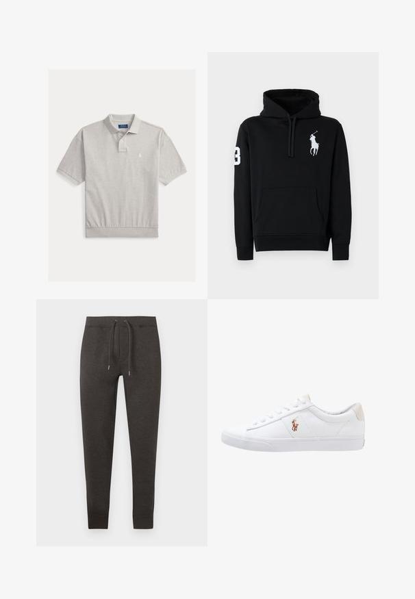 Sudadera negra de algodón, con un bolsillo frontal, capucha con cordón y un logo de jugador de polo en blanco con el número 3 en la manga.; Polo de manga corta gris claro con tapeta de dos botones, cuello y bajo acanalados, y pequeño logo bordado en blanco en el pecho izquierdo.; Pantalones de chándal gris oscuro hechos de material suave, con cintura elástica con cordón, piernas ajustadas y puños en el tobillo.; Zapatilla de lona blanca con diseño de corte bajo, que cuenta con un taco trasero beige y un pequeño logo bordado en el costado. Suela de goma.