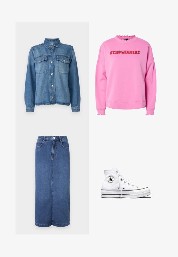 Pink sweatshirt med rynket krave og manchetter, med "STRAWBERRY" i fed rød tekst og et grønt jordbærgrafik ovenfor teksten.; Lysblå denimjakke med frontlukning med knapper, to brystlommer, spidse kraver og lange ærmer med knapmanchetter.; Mørkeblå denim maxiskørt med lige snit, talje med knaplukning og minimale syninger.; Hvid højtop Converse Chuck Taylor All Star-sneaker med sort logo-patch og hvide snørebånd, vist på hvid baggrund.