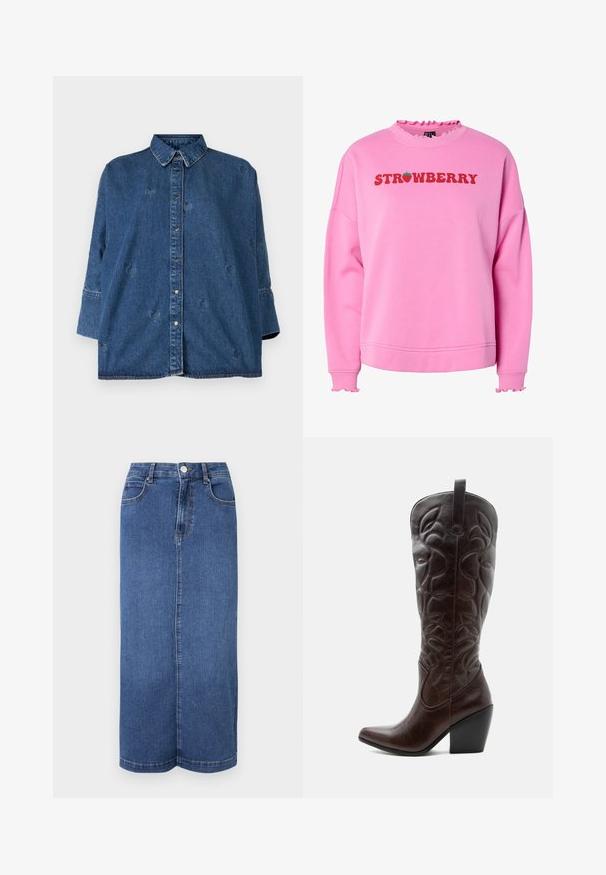 Roosa kapuutsiga särk volangi krae ja varrukatega, millel on julge punane tekst "STRAWBERRY" ja roheline maasika grafika teksti kohal.; Denim särg klassikalise kaelusega, sinine värv, oversized lõige ja dekoratiivsete südamekujude lõigetega. Omab nupuleheket ja pika varrukaga disaini.; Tumed sinine teksaseelik, sirge lõikega, nupuga vöökoht ja minimaalsed õmblusdetailid.; Kõrge tumepruun nahast kauboi saabas, millel on õmmeldud dekoratiivsed mustrid, terava varbaosaga ja kuhjatud plokk-kontsaga.