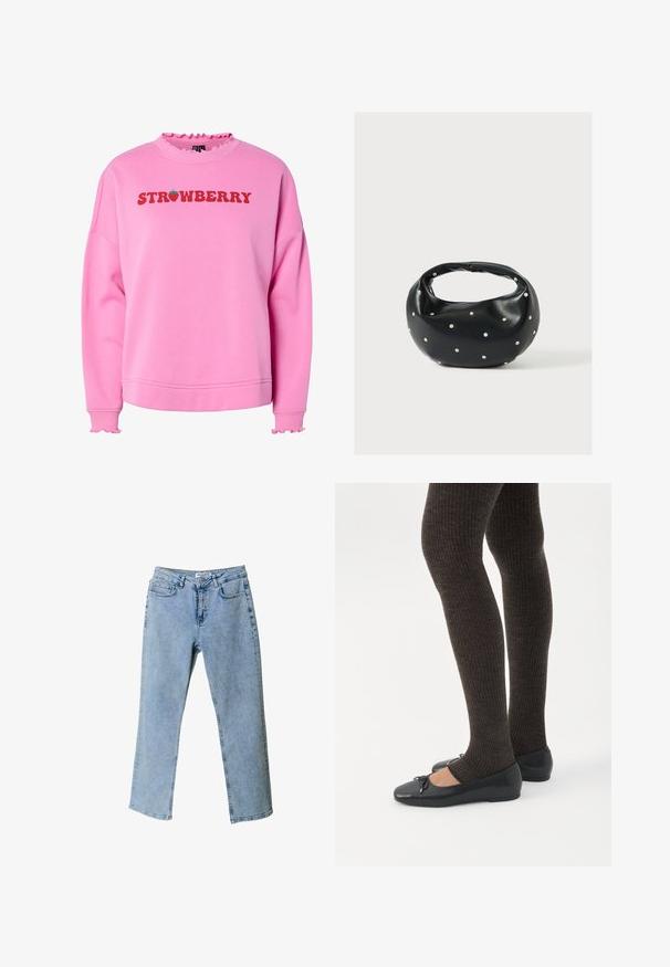 Pink sweatshirt med rynket krave og manchetter, med "STRAWBERRY" i fed rød tekst og et grønt jordbærgrafik ovenfor teksten.; Lyseblå denim jeans med lige ben design, fem-lomme stil og en taljebranding. Har lysnede områder for tekstur.; Ben iført mørke ribbede leggings kombineret med sorte balletsko med små sløjfedetaljer på hvid baggrund.; Sort læderhåndtaske med en rundet form, dekoreret med sølvnitter, og et kort håndtag. Glat tekstur og lynlåslukning.