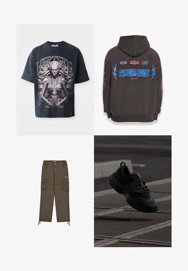 Mørkegrå hættetrøje med stor blå "DROPSIZE" tekst og farverige grafikker. Har hætte, ribbede cuffs og forskellige trykte mærker.; Sort grafisk t-shirt lavet af bomuld, med et stort pink og hvidt design af en humanoid figur med intrikate detaljer og teksten "VERTERE."; Brune cargobukser med flere klaplommer, justerbare snore ved manchetterne, knap- og lynlås-lukning, og "ALPHA"-mærkat på højre lår.; Sorte sportsko med et tekstureret mesh-overdel og gummisål, der har en kraftig silhuet og snørresystem for en sikker pasform.