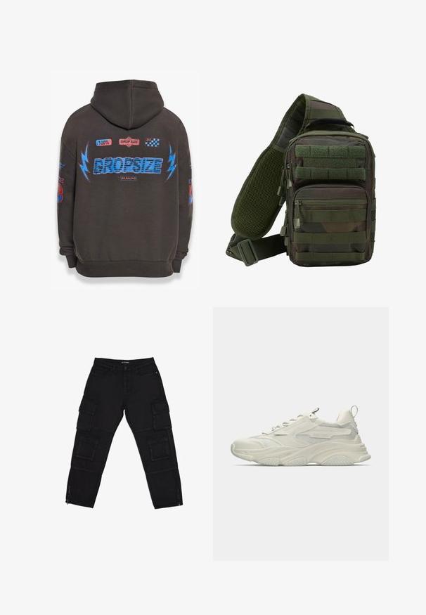 Sweat à capuche gris foncé avec un grand texte bleu "DROPSIZE" et des graphiques colorés. Comprend une capuche, des poignets côtelés et divers patchs imprimés.; Pantalons cargo noirs en tissu durable, dotés de plusieurs poches cargo, de chevilles zippées et de jambes droites avec des détails de couture subtils.; Baskets blanches épaisses avec accents en mesh, semelle en caoutchouc texturée et forme arrondie. Présente un marquage minimal et une languette de tirage à l'arrière.; Sac à dos en bandoulière camouflage vert avec plusieurs poches zippées, une sangle réglable et un panneau arrière en mesh pour la ventilation.
