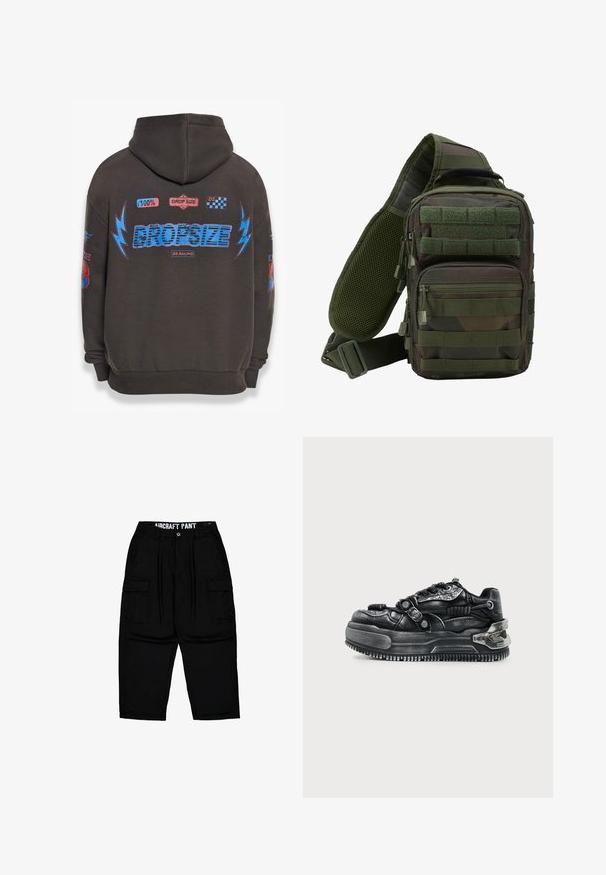 Dunkelgrauer Hoodie mit großem blauen "DROPSIZE"-Text und bunten Grafiken. Mit Kapuze, gerippten Bündchen und verschiedenen aufgedruckten Patches.; Schwarze Cargo-Hose mit Gürtelschlaufen, Frontknopf, Reißverschluss, seitlichen Klappentaschen und dem Aufdruck "AIRCRAFT PANT" am inneren Bund.; Schwarzer klobiger Sneaker mit dicker Sohle, Schnürdesign, strukturierten Riemen und Metallakzenten an Ferse und Seiten vor hellem Hintergrund.; Grüner Tarn-Sling-Rucksack mit mehreren Reißverschlusstaschen, einem verstellbaren Gurt und einem Netzrückenpaneel zur Belüftung.
