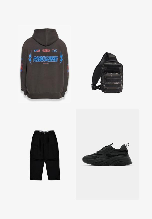 Dunkelgrauer Hoodie mit großem blauen "DROPSIZE"-Text und bunten Grafiken. Mit Kapuze, gerippten Bündchen und verschiedenen aufgedruckten Patches.; Schwarze Cargo-Hose mit Gürtelschlaufen, Frontknopf, Reißverschluss, seitlichen Klappentaschen und dem Aufdruck "AIRCRAFT PANT" am inneren Bund.; Schwarze Sportschuhe mit einer dicken Sohle, Mesh-Einsätzen und Gummidetails. Verfügen über eine Zuglasche an der Ferse und strukturierte Muster.; Kompakte schwarze und graue Camouflage-Taktik-Slingtasche mit mehreren Reißverschlussfächern und verstellbarem, gepolstertem Schultergurt.