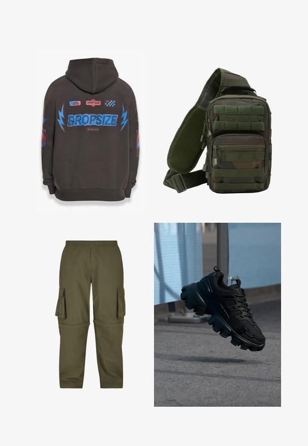 Sudadera gris oscuro con un gran texto azul "DROPSIZE" y gráficos coloridos. Cuenta con una capucha, puños acanalados y varios parches impresos.; Pantalones cargo verde oliva hechos de tejido ligero, con varios bolsillos laterales, una cintura elástica y un diseño de corte recto.; Zapatilla negra y gruesa con suela de taco grueso flotando sobre un pavimento gris, con un fondo desenfocado azul claro y gris.; Mochila tipo bandolera en camuflaje verde con múltiples bolsillos con cremallera, una correa ajustable y un panel trasero de malla para ventilación.