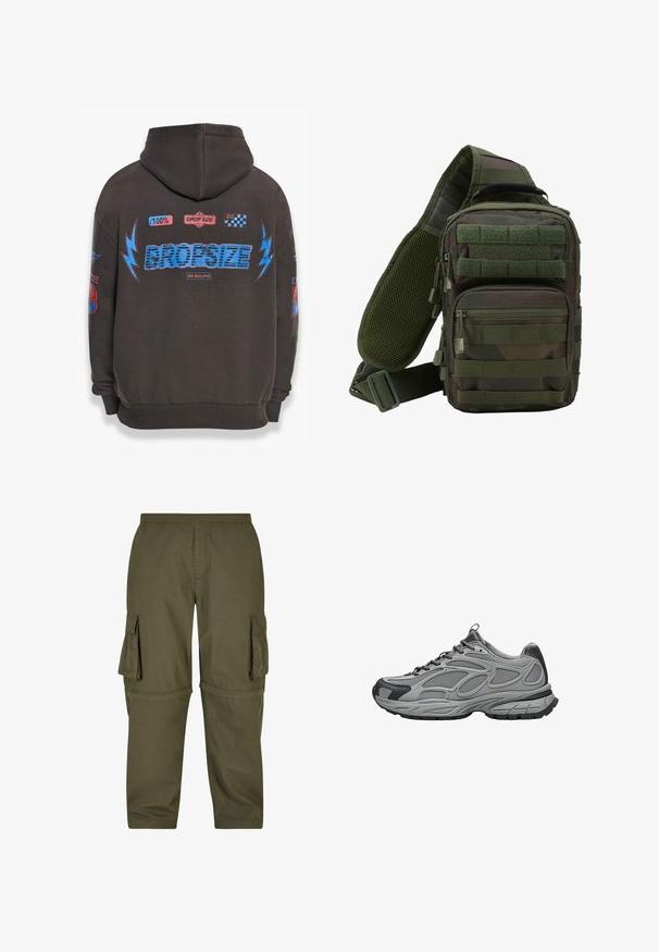 Donkergrijze hoodie met grote blauwe "DROPSIZE" tekst en kleurrijke graphics. Voorzien van een capuchon, geribbelde mouwen en verschillende geprinte patches.; Olijfgroene cargobroek gemaakt van lichtgewicht stof, met meerdere zijzakken, een elastische tailleband en een recht gesneden ontwerp.; Grijze en zwarte sportschoen met mesh en synthetische bovenkant, dikke structuurzool, veters en trekhaak aan hiel en tong, zijaanzicht.; Groene camouflage schoudertas met meerdere ritszakken, een verstelbare schouderband en een mesh achterpaneel voor ventilatie.