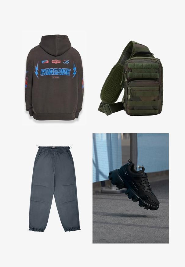 Donkergrijze hoodie met grote blauwe "DROPSIZE" tekst en kleurrijke graphics. Voorzien van een capuchon, geribbelde mouwen en verschillende geprinte patches.; Grijze joggingbroek met een elastische tailleband, zijzakken en elastische boorden, met een gladde textuur en rechte snit.; Zwarte chunky sneaker met dikke profielzool die boven een grijze stoep zweeft, tegen een wazige lichtblauwe en grijze achtergrond.; Groene camouflage schoudertas met meerdere ritszakken, een verstelbare schouderband en een mesh achterpaneel voor ventilatie.