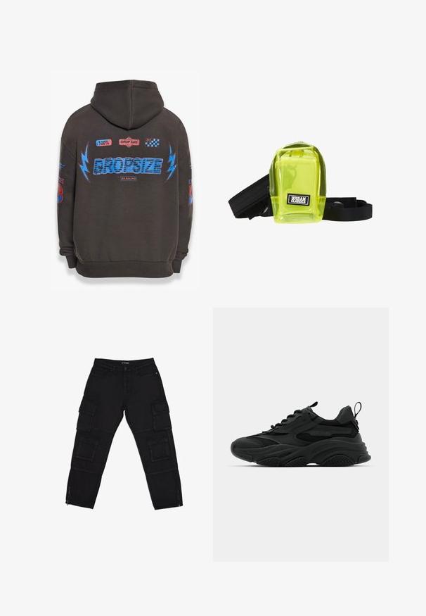 Donkergrijze hoodie met grote blauwe "DROPSIZE" tekst en kleurrijke graphics. Voorzien van een capuchon, geribbelde mouwen en verschillende geprinte patches.; Zwarte cargobroek van duurzaam materiaal, met meerdere cargozakken, ritsenkoppen en rechte benen met subtiele stikseldetails.; Zwarte sportieve sneakers met een chunky zool, mesh panelen en rubberen accenten. Voorzien van een trekband aan de hak en gestructureerde patronen.; Transparante neon groene tas met een ritssluitingen, zwarte bandjes en een "Urban Classics" logo patch op de voorkant. Compact en rechthoekig ontwerp.