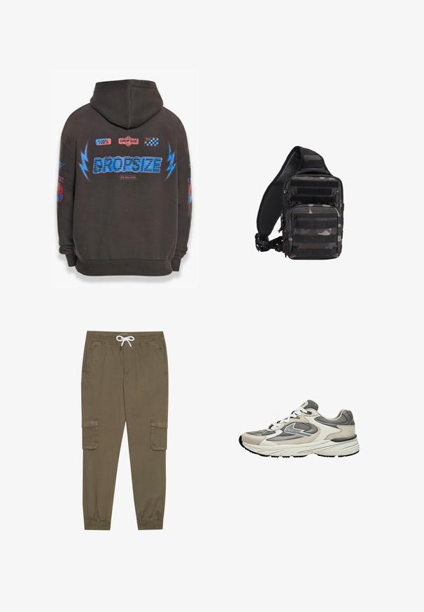 Sweat à capuche gris foncé avec un grand texte bleu "DROPSIZE" et des graphiques colorés. Comprend une capuche, des poignets côtelés et divers patchs imprimés.; Pantalons cargo kaki avec une taille élastique et un cordon de serrage, dotés de poches latérales et de chevilles côtelées. Fabriqués en matériau texturé et léger.; Baskets de sport gris clair et blanc avec panneaux en mesh et daim, lacets blancs et semelle épaisse et rembourrée, vues de côté.; Sac tactique compact camouflage noir et gris avec plusieurs compartiments zippés et une bandoulière rembourrée réglable.