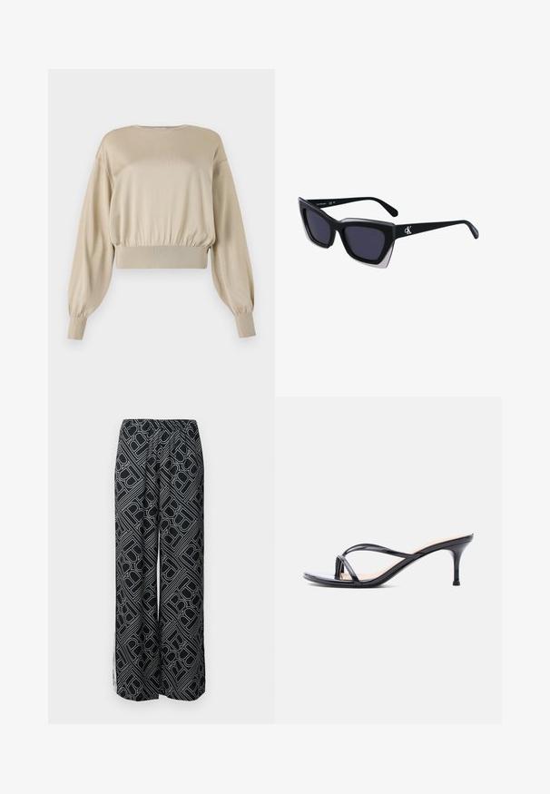 Beige cropped sweatshirt med lange, ballonærmer; glat tekstur; ribbet nederkant og cuffs; minimalistisk design, rund hals.; Videbukser lavet af sort stof med et hvidt geometrisk mønster. Elastisk talje, flydende design og sideskår.; Sort laklædersandal med hæl, tynde krydsede remme og en slank mellemhøj stilethæl på en hvid baggrund.; Store sorte oversized solbriller med geometrisk form, med mørke linser og en kontrasterende grå detalje på stellet. Logo på armen.