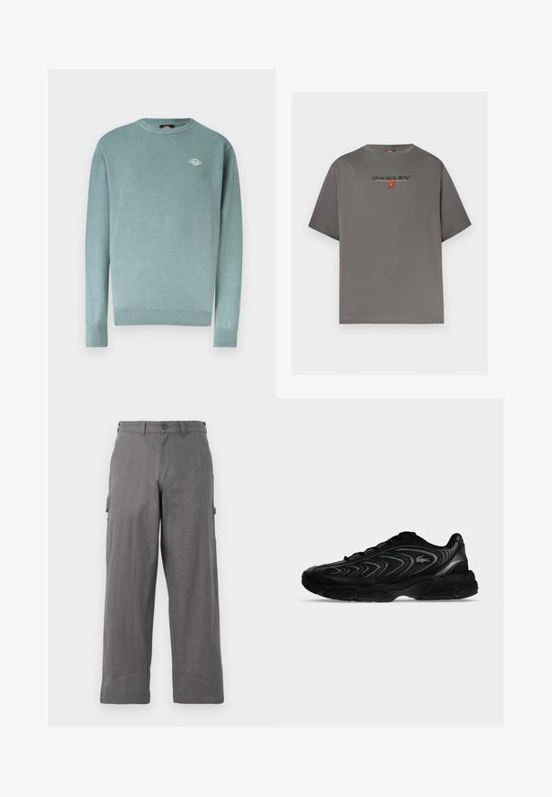 Pull à col rond bleu clair avec poignets et ourlet côtelés, arborant un petit logo blanc sur le côté gauche de la poitrine.; T-shirt gris à manches courtes avec le logo "OAKLEY" et un petit graphisme rouge centré sur la poitrine, présenté sur un fond blanc uni.; Pantalons cargo gris avec une coupe droite, fabriqués en tissu durable. Comprend des poches latérales et une fermeture à bouton à la taille.; Baskets de sport noires avec des motifs en forme de vagues et un petit logo crocodile sur le côté, affichées sur un fond uni gris clair.