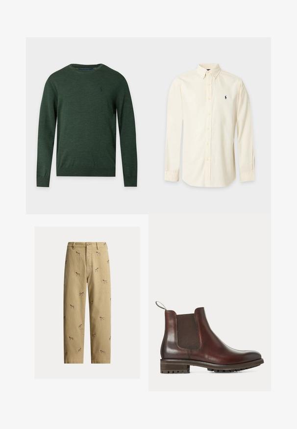 Jersey de cuello redondo de manga larga en color verde oscuro con un sutil logo bordado en el pecho izquierdo y puños y dobladillo acanalados.; Camisa de manga larga crema con botones, cuello y pequeño logo bordado oscuro en el pecho izquierdo.; Pantalones de pana beige con diseños bordados de perros, corte recto y estilo de cinco bolsillos con cierre de botón frontal.; Botín Chelsea de cuero marrón con panel lateral elástico, lengüeta en el talón y suela gruesa de goma con tacos.