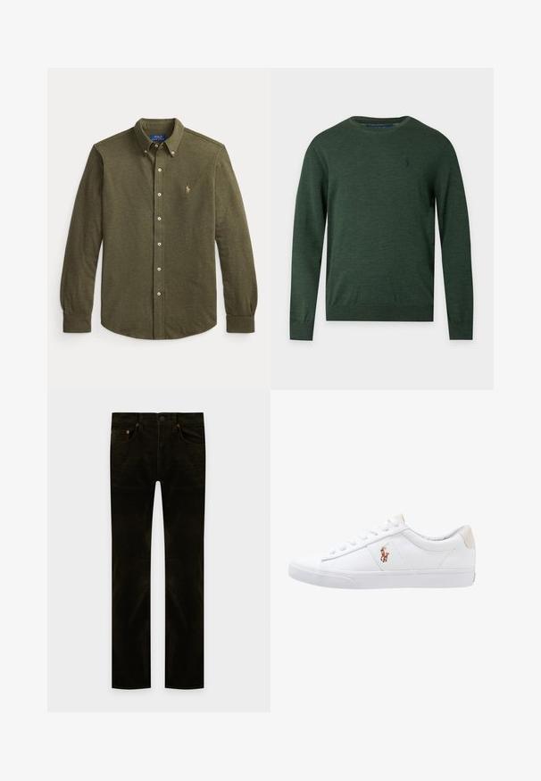 Mørkegrøn, langærmet rundhalset sweater med et diskret broderet logo på venstre bryst og ribstrikkede manchetter og kant.; Langærmet olivengrøn skjorte med knapper, krave og lille broderet logo på venstre bryst.; Mørkegrønne, lige snit, fløjlsbukser med forlommer, bæltestropper og knaplukning mod en ensfarvet baggrund.; Hvide kanvas sneakers med lågtop design, prydet med en beige hælkappe og et lille broderet logo på siden. Gummisål.