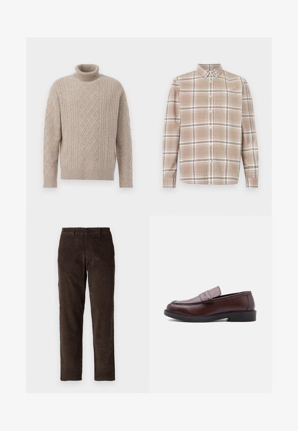 Beige coltrui gemaakt van een textuur gebreide stof, met een geribbelde kraag en diamanten kabelbreipatronen aan de voorkant.; Beige geruite blouse met knopen, lange mouwen, een knoopkraag en een borstzak op een witte achtergrond.; Bruine corduroybroek met een recht model, voorzien van een knoopsluiting aan de voorkant en standaard riemlussen. Soepele textuur en een klassieke snit.; Bruine leren loafer met zwarte zool en gestikte details, zijaanzicht op witte achtergrond.