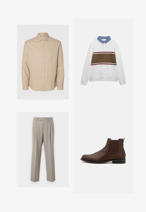 Langærmet, lysegrå polo med blå krave og en bred, vandret brun stribe på tværs af brystet, afgrænset af tynde hvide og røde linjer.; Selected Flannel - Skjorter - pure cashmeredetail:mixed w. oatmeal; Beige og brune ternede bukser med lige ben, plisseringer, bæltestropper og en skræddersyet pasform mod en ensartet hvid baggrund.; Pier One Støvletter - brown