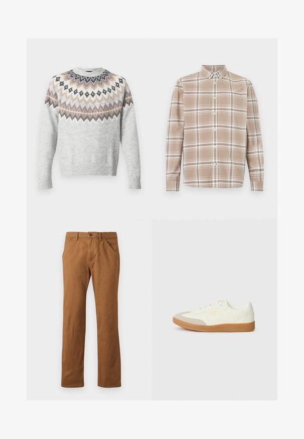 Pull gris clair à manches longues, avec un empiècement à motif dans des tons crème, marron et noir. Poignets et ourlet côtelés ajoutant de la texture.; Chemise à carreaux beige à boutons, manches longues, col boutonné et poche poitrine sur fond blanc.; Pantalons en coton marron à coupe droite, avec une fermeture à bouton, des poches latérales et une texture lisse. Convient pour une tenue décontractée.; Baskets en cuir blanc avec une coque beige et une semelle en caoutchouc marron clair. Dotées de lacets blancs plats et d'un logo embossé sur le côté.