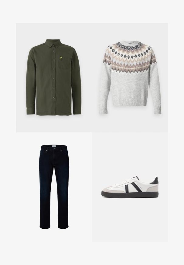 Lysegrå sweater med lange ærmer, der har et mønstret bærestykke i creme, brun og sort. Ribstrikkede ærmekanter og kant forneden tilføjer tekstur.; Mørkegrøn langærmet skjorte med knaplukning, knap-down krave, brystlomme og lille gul broderet fuglelogo på lommen.; Mørkeblå jeans med lige ben, forlommer, bæltestropper og knaplukning i taljen.; Hvide sneakers med sorte og grå detaljer, med en tekstureret grå tåhætte, sort gummisål og flade hvide snørebånd. Rent design, minimalistisk stil.