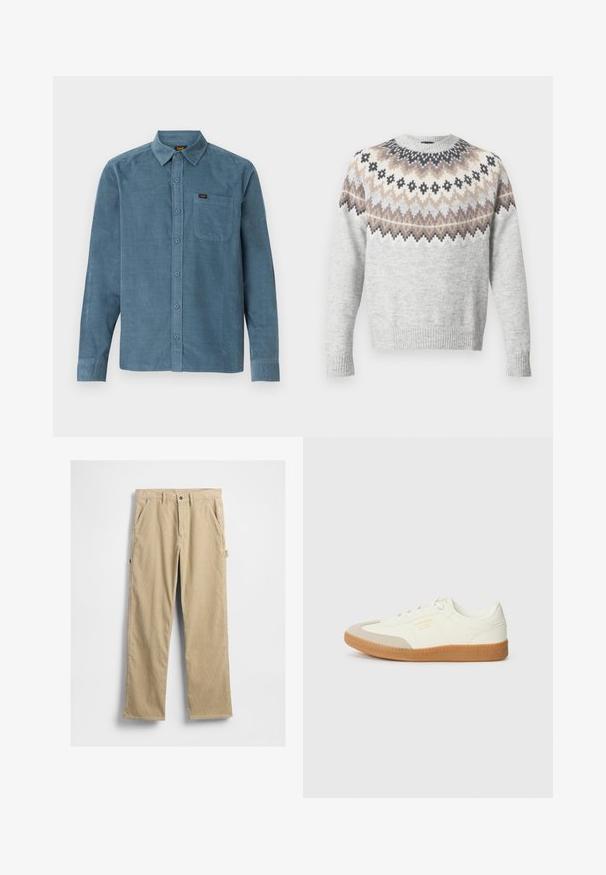 Lichtgrijze trui met lange mouwen, voorzien van een patroon op het juk in crème-, bruin- en zwarttinten. Geribbelde manchetten en zoom zorgen voor textuur.; Langarmshirt van blauwe corduroy, met een button-down kraag, een frontzak en subtiele branding op de zak.; Beige corduroy broek met rechte pijpen, voorzakken en een knoopsluiting. Voorzien van een zijzak en een textuurstof.; Schoen gemaakt van wit leer met een beige teenkap en een lichtbruine rubberen zool. Voorzien van platte witte veters en reliëfbranding aan de zijkant.
