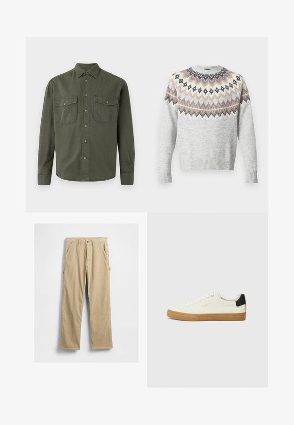 Jersey de color gris claro con mangas largas, que presenta un canesú con patrón en tonos crema, marrón y negro. Puños y dobladillo acanalados que añaden textura.; Camisa de manga larga color caqui hecha de algodón. Presenta un cierre de botones en la parte delantera, dos bolsillos en el pecho con solapas y un cuello clásico. Diseño sencillo.; Pantalones de pana beige con piernas rectas, bolsillos frontales y cierre de botón. Cuenta con un bolsillo lateral y tela texturizada.; Zapatilla de lona blanca con suela de goma, acento negro en el talón, punta redonda y diseño con cordones. Presenta el logo de la marca en dorado en el lateral.
