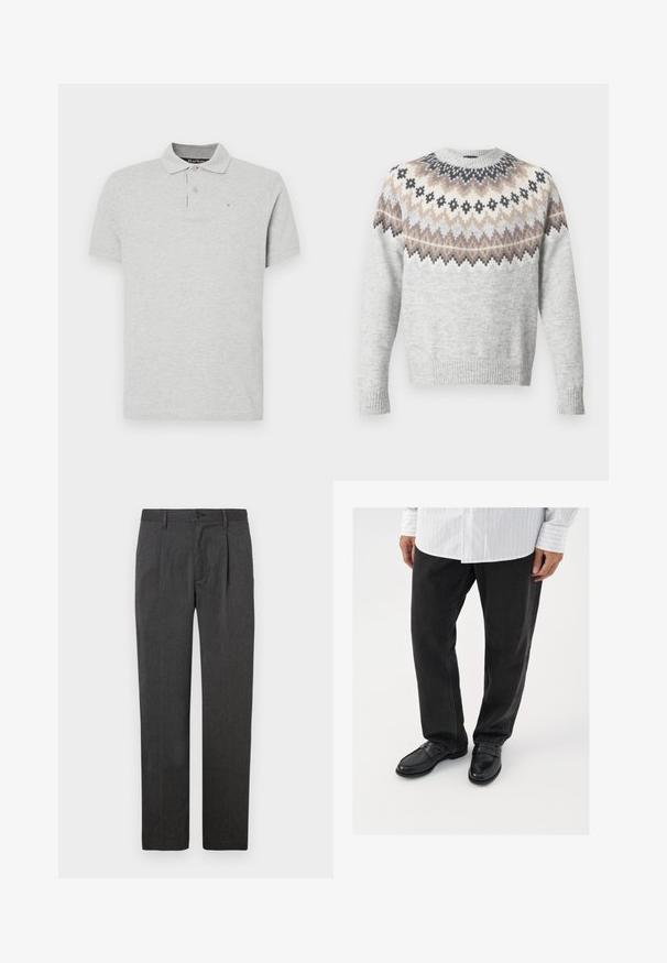 Pull gris clair à manches longues, avec un empiècement à motif dans des tons crème, marron et noir. Poignets et ourlet côtelés ajoutant de la texture.; Polo shirt à manches courtes gris clair avec col, patte de boutonnage à deux boutons et petit logo Barbour brodé sur la poitrine gauche.; Pantalons gris sur mesure avec une coupe droite, dotés d'un pli avant, d'une fermeture éclair et d'un bouton. Texture lisse, design classique.; Pantalons en denim noir associés à des mocassins noirs brillants. La chemise est blanche avec de fines rayures verticales, avec des manches longues et un col boutonné.