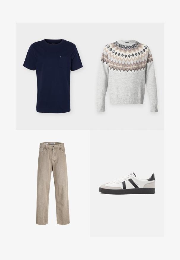Jersey de color gris claro con mangas largas, que presenta un canesú con patrón en tonos crema, marrón y negro. Puños y dobladillo acanalados que añaden textura.; Camiseta azul marino de manga corta con cuello redondo y bolsillo en el pecho que muestra un pequeño logo sobre un fondo liso.; Pantalones de pierna ancha color beige claro exhibidos sobre un fondo blanco liso, con bolsillos frontales y un cierre de botón en la cintura.; Zapatilla blanca con acentos en negro y gris, que presenta una puntera texturizada en gris, suela de goma negra y cordones planos blancos. Diseño limpio, estilo minimalista.