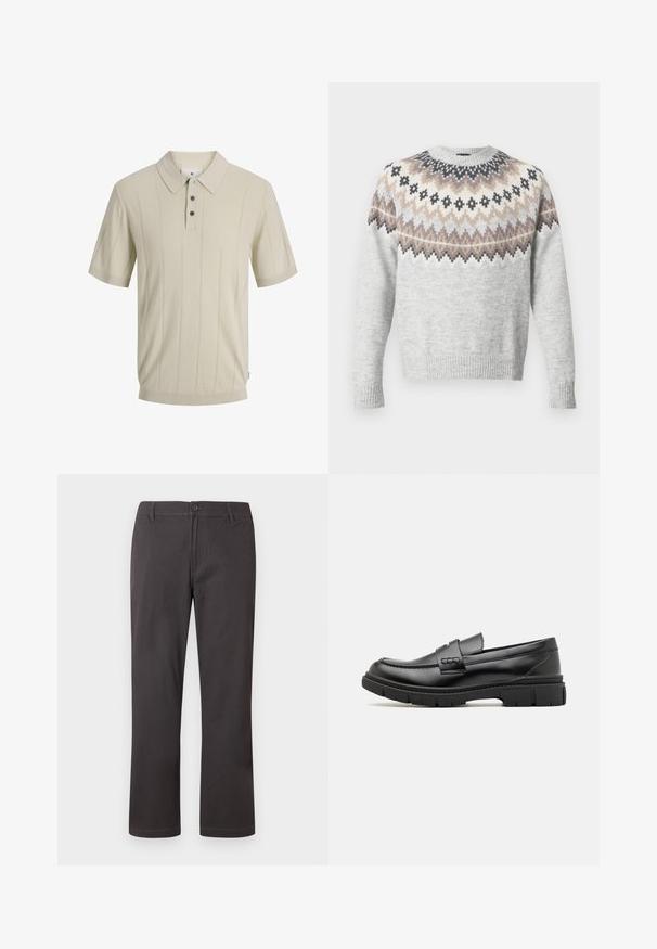 Pull gris clair à manches longues, avec un empiècement à motif dans des tons crème, marron et noir. Poignets et ourlet côtelés ajoutant de la texture.; Polo beige à manches courtes avec de fines rayures verticales, trois boutons foncés et un col pointu.; Pantalon gris foncé à jambes droites avec fermeture à boutons, passants pour ceinture et coutures frontales discrètes sur fond blanc.; Mocassin en cuir noir avec une large sangle sur le devant, semelle en caoutchouc à épaisse rainure, et texture lisse. Design classique et élégant.