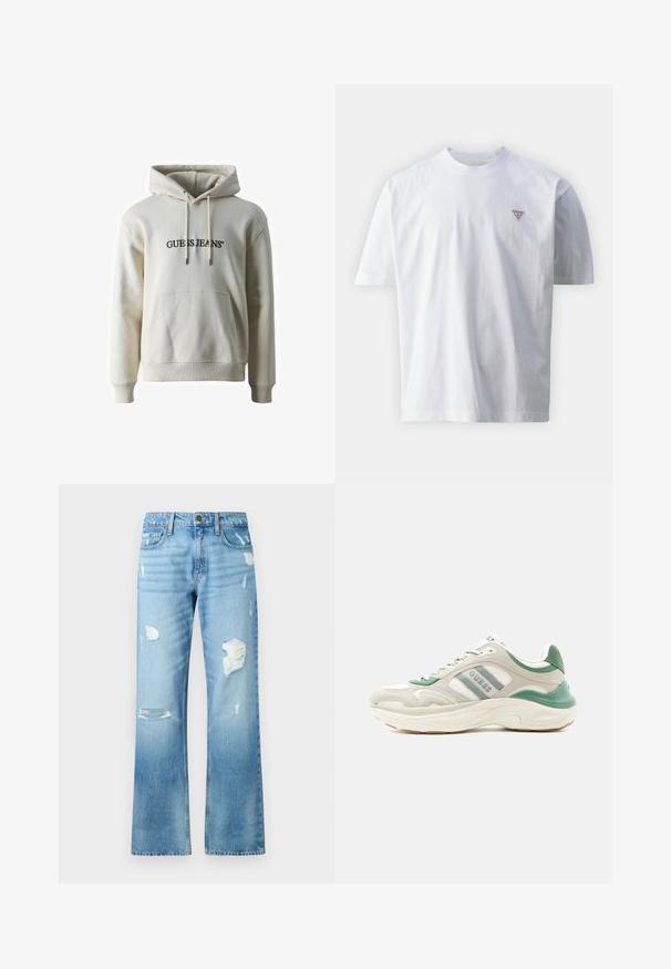 Guess Jeans HOOD REG AMERICA TRAD - Jersey con capucha - biscotti; Camiseta de algodón blanca con escote redondo, mangas cortas y un pequeño logo en forma de triángulo rojo en la parte izquierda del pecho. Textura suave.; Vaqueros de mezclilla azul claro con un diseño de pierna recta, que presentan detalles desgastados y un acabado desvaído. Incluyen un botón de metal y cinco bolsillos.; Zapatilla baja en beige y verde con suela blanca, franjas laterales con logotipo y diseño texturizado, inclinada hacia la izquierda sobre fondo blanco.