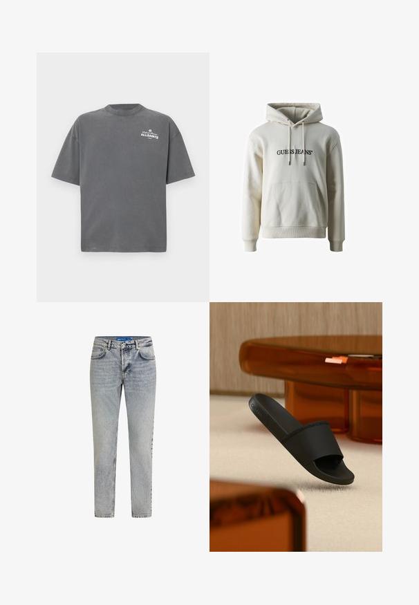 Guess Jeans HOOD REG AMERICA TRAD - Jersey con capucha - biscotti; Camiseta de manga corta de color gris oscuro con cuello redondo y pequeño logo blanco "ALLSAINTS" en la parte superior izquierda del pecho.; Vaqueros de mezclilla en azul claro con corte recto, que presentan detalles desgastados, cinco bolsillos y un cierre de botón en la cinturilla.; Sandalia negra de dedo abierto con el logo de Calvin Klein en la tira, colocada sobre una alfombra beige cerca de una mesa translúcida de color ámbar.