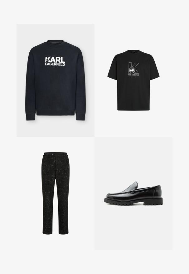Sort langærmet sweatshirt med hvid "KARL LAGERFELD" logo midt på brystet og en lille silhuet af Karl Lagerfeld integreret i teksten.; Sort bomulds t-shirt med et hvidt grafisk design af bogstavet "K" og en karakter med solbriller. Korte ærmer, rund hals.; Sorte skræddersyede bukser med et tekstureret mønster af tynde hvide lodrette linjer, en lige pasform og en knaplukning i taljen.; Sort læderloafer med chunky gummisål, syet overdel og præget mærkenavn på hælen, vist i sideprofil på hvid baggrund.