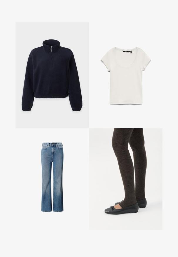 Marineblauwe fleece trui met lange mouwen, een halve rits aan de voorkant, een hoge kraag en elastische manchetten en zoom.; Witte kortermige geribbelde gebreide top met ronde halslijn, zichtbare zwarte merklabel binnenin de kraag, plat gelegd op witte achtergrond.; Blauwe denim jeans met een hoge taille, wijd uitlopend ontwerp en een vervaagde wassing. Heeft een klassieke vijf-pocket stijl en een sluiting met een knoop aan de voorkant.; Benen met donkere geribbelde leggings gecombineerd met zwarte ballerina's met kleine strikdetails op een witte achtergrond.
