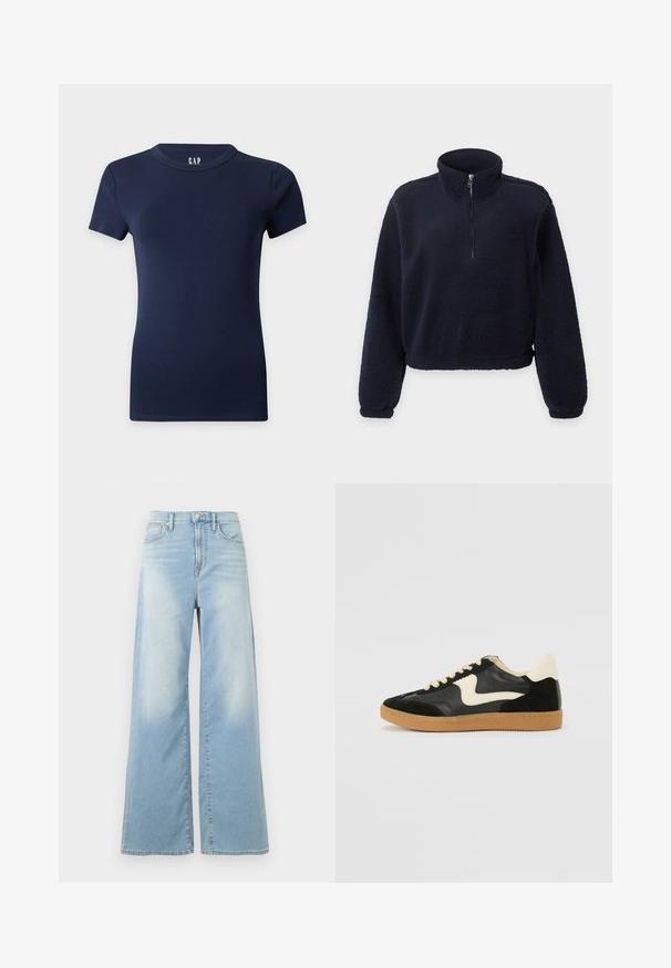 Pull en polaire bleu marine à manches longues, demi-zip devant, col montant et poignets et bas élastiqués.; T-shirt ajusté bleu marine à manches courtes avec col rond sur un fond uni clair.; Jean large bleu clair à taille haute, avec boutons à l'avant et poches, présenté sur un fond blanc.; Baskets en daim et cuir noir avec un swoosh latéral crème et un talon crème clair. Dotées de lacets beige et d'une semelle en caoutchouc gomme.