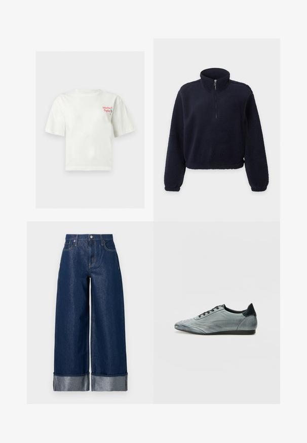 Marineblauer Fleece-Pullover mit langen Ärmeln, halbem Reißverschluss vorne, hohem Kragen und elastischen Bündchen und Saum.; Weißes T-Shirt mit kurzen Ärmeln, kleinem roten Text "Martini & Oysters" und einer Grafik eines Martiniglashalters auf der linken Brust.; Dunkelblaue, weite Jeans mit hohem Bund, Fünf-Taschen-Design und umgekrempelten Säumen, die ein helleres Innenfutter zeigen.; Hellgraue Leder-Sneaker mit einem schlanken Design, ausgestattet mit genieteten Details, schwarzen Schnürsenkeln und einem dunklen Fersenakzent. Gummisohle.