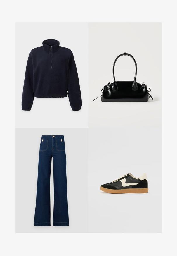 Marineblå fleece-pullover med lange ærmer, halvlange lynlås foran, høj krave og elastiske manchetter og kant.; Mørkeblå vidde jeans med høj talje, guldknap-detaljer, to for- og baglommer samt kontrastsyede detaljer. Tekstureret denim stof.; Sorte ruskinds- og lædersneakers med en cremefarvet side-swoosh og lys cremefarvet hæl. Har beige snørebånd og en gummirubber-sål.; Lille sort blank håndtaske med to lange håndtag og snøre-detaljer i siden på en ensfarvet lys baggrund.