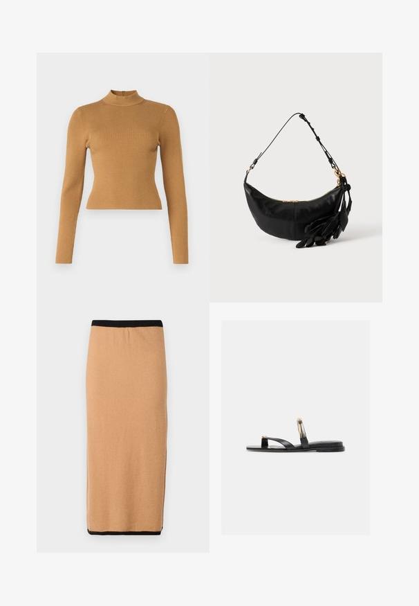 Karmiinise ribiga kõrge kaelusega topp soojas pruunis värvitoonis. Omab pikki varrukaid, keha ligi toovat lõiget ja väikest taga lukku. Sujuv tekstuur.; Knee-length, camel color knit seelik musta elastse kummiga ja sileda tekstuuriga. Lihtne disain, ilma nähtavate mustrite või aktsentideta.; Mustad tasapinnaline sandaal kahe õhukese rihmaga, üks varba aas ja dekoratiivne kuldse ja hõbedase metallist rõngas ülemisel rihmal.; Mustast nahast poolkuu kujuline õlakott reguleeritava rihmaga, kuldse tõmblukuga ja dekoratiivsete nahast lehekujuliste tutidega ühel küljel.