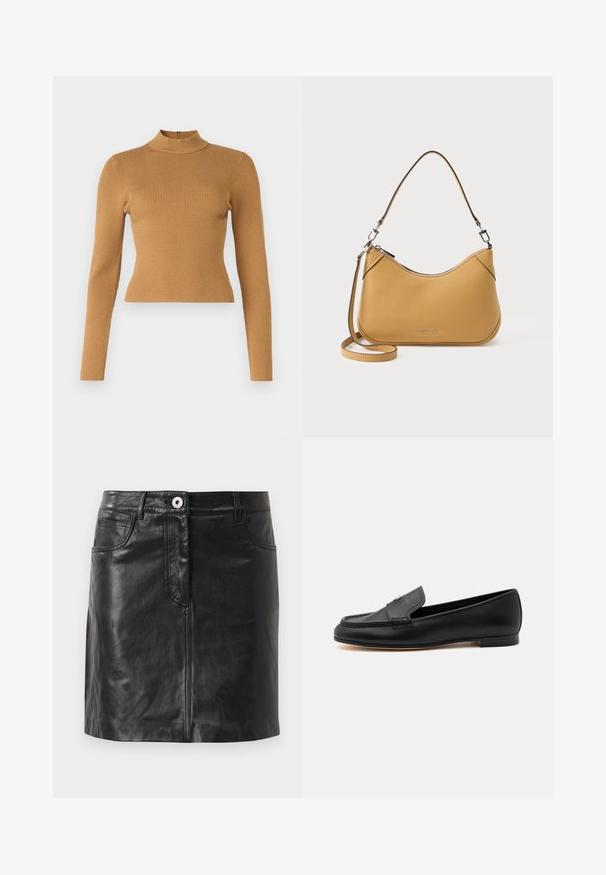 Ribbet højhalset top i varm brun. Har lange ærmer, et tætsiddende design og en lille lynlås bagpå. Glat tekstur.; Weekend Max Mara HULL - Pencil skirt - nero; Sort læderloafer med lav hæl, syninger og en lille metallisk detalje på vristen.; Tanfarvet læder Michael Kors håndtaske med kort håndtag og aftagelig lang rem, sat op mod en hvid baggrund.