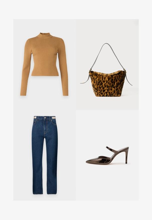 Rippstrick-Turtleneck-Oberteil in warmem Braun. Mit langen Ärmeln, figurbetontem Schnitt und kleinem Reißverschluss im Rücken. Angenehme Textur.; Rabanne Jeans Straight Leg - dark blue denim; Glänzender dunkelbrauner Mule mit spitzer Spitze und hohem Absatz mit schmalem Riemen über dem Spann vor weißem, einfachem Hintergrund.; Faux-Fur-Leopardenmuster Tasche mit weicher Textur, leicht konisch geformt und schwarzem Ledergriff mit goldenen Hardware-Akzenten.