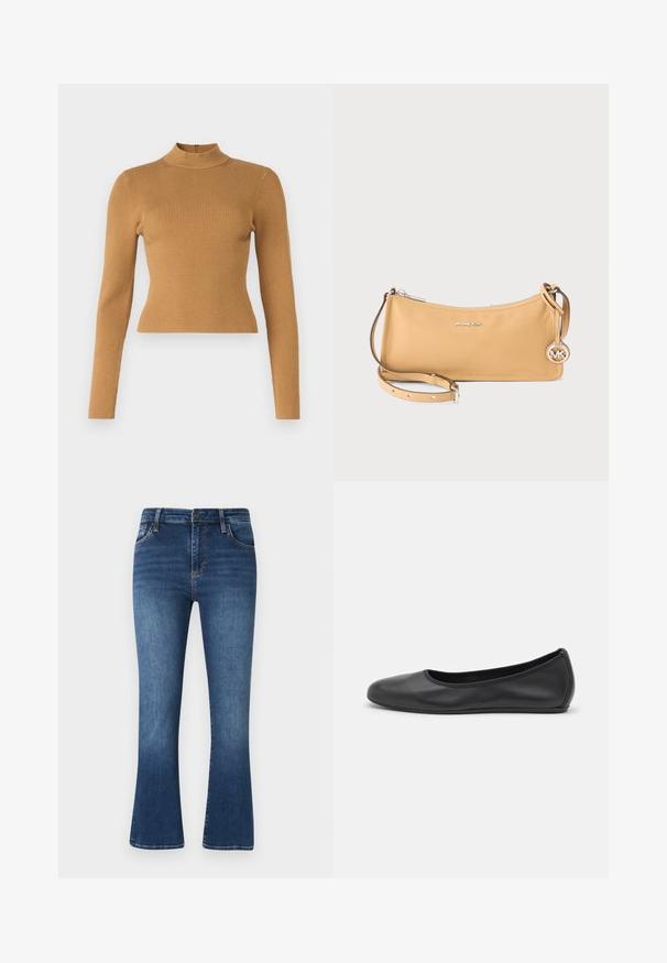 Ribbet højhalset top i varm brun. Har lange ærmer, et tætsiddende design og en lille lynlås bagpå. Glat tekstur.; Mørkeblå flared jeans lavet af denim, med et klassisk fem-lomme design, bælteløkker og subtile falmning detaljer på stoffet.; Sort læderballetsko med rund tå, glat tekstur, minimal syning og et fleksibelt såldesign.; Skuldertaske i tanfarvet læder fra Michael Kors med sølvlynlås, tynd justerbar rem og rundt MK-logo vedhæng.