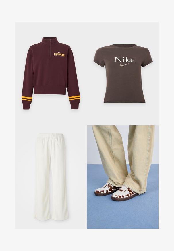 Bordová mikina Nike so štvrťovým zipsom a vysokým golierom, žlté logo "NIKE ATHLETIC CLUB" na hrudi a dve žlté pruhy na každom manžetovom rukáve.; Hnedý krátky rukávový crop top s textom "Nike" a leopardo-vzorovým logom Nike swoosh umiestneným v strede hrudníka.; Krémyové nohavice s širokým strihom, vyrobené z ľahkého materiálu, s vertikálnymi pruhmi a elastickým pásom.; Biele a hnede vzorované tenisky z mesh a kože, s hnedými gumovými podrážkami. Skombinované so svetlobežovými voľnými nohavicami.
