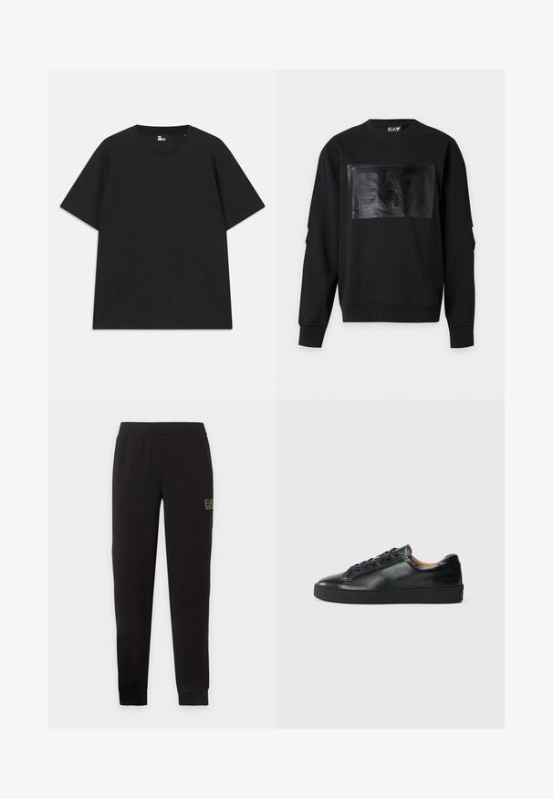 Schwarzer Sweatshirt mit langen Ärmeln und einem glänzenden rechteckigen Patch mit der Prägung „EA7 Emporio Armani“ vorne in der Mitte.; Schwarzes Kurzarm-T-Shirt aus Baumwolle mit rundem Halsausschnitt und einem kleinen Logo-Detail am Saum. Glatte Textur, reguläre Passform.; Schwarze, zulaufende Jogginghose mit elastischem Bund und Bündchen, mit kleinem EA7 Emporio Armani-Logo am oberen rechten Oberschenkel.; Schwarze Leder-Sneaker mit glatter Textur, runder Zehenpartie und Schnürverschluss. Verfügt über eine dicke Gummisohle und minimalistische Marken-Details.