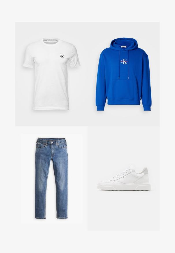 Blauer Pullover-Hoodie mit Fronttasche, verstellbaren Kordeln und Calvin Klein-Logo in Weiß und Rot, das zentral auf der Brust platziert ist.; Weißes T-Shirt mit kurzen Ärmeln und Rundhalsausschnitt mit kleinem schwarzem "CK"-Logo auf der linken Brust, Marke Calvin Klein Jeans, Größe Medium.; Blaue Slim-Fit-Denimjeans mit fünf Taschen und Knopfschluss, mit leichter Ausbleichung an Oberschenkeln und Knien, auf weißem Hintergrund präsentiert.; Weiße Leder-Sneaker mit glatter Oberfläche, rundem Zehenbereich, flachen Schnürsenkeln und strukturiertem Schuhsohlen. Graues Wildleder-Detail an der Ferse.