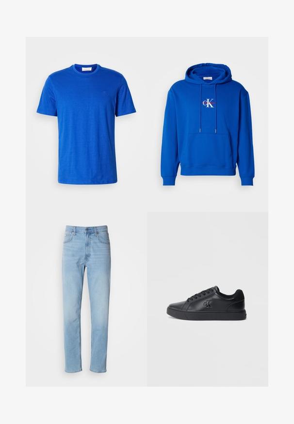 Blauer Pullover-Hoodie mit Fronttasche, verstellbaren Kordeln und Calvin Klein-Logo in Weiß und Rot, das zentral auf der Brust platziert ist.; Blaues Rundhals-T-Shirt aus Baumwolle mit kurzen Ärmeln und einem dezenten Logo auf der Brust, auf einem weißen Hintergrund präsentiert.; Hellblaue Jeans mit geradem Schnitt, fünf Taschen und Gürtelschlaufen. Der Stoff hat eine glatte Textur mit einem leichten Verblassungseffekt.; Schwarze Ledersneaker mit Schnürdesign, Gummisohle und geprägtem Logo an der Seite, mit einer glatten Textur und minimalistischem Stil.
