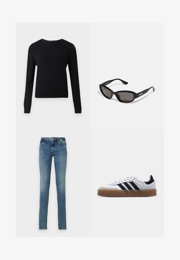 Pull noir à manches longues avec col rond, poignets et bas côtelés, présenté sur un fond gris clair uni.; Jeans skinny en denim bleu clair, avec une fermeture à bouton, cinq poches, un léger délavage et un design classique.; Baskets en cuir blanc avec des rayures noires, semelle extérieure en caoutchouc beige, bout rond, fermeture lacée et embout en suède gris doux.; Lunettes de soleil noires avec une monture rectangulaire, des verres sombres, un matériau plastique lisse et un accent métallique sur la branche.