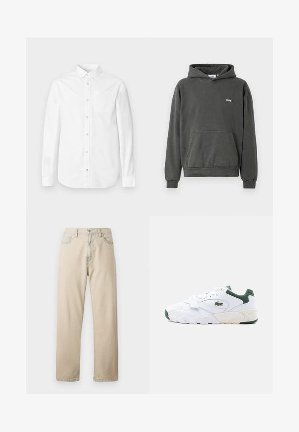 Sudadera gris oscuro de algodón suave, con un bolsillo canguro en la parte frontal y un sutil logo blanco de "obey" en el pecho. Corte clásico y relajado.; Camiseta blanca de manga larga hecha de algodón. Presenta un cuello abotonado, bolsillo delantero y textura sutil. Dobladillo recto con cierres de botones.; Vaqueros de mezclilla beige claro con pierna recta, cinco bolsillos y cierre de botón. Presentan un sutil desgaste en la tela y un diseño clásico.; Zapatilla deportiva blanca con detalles verdes, puntera perforada, correa sobre los cordones y un logo de cocodrilo verde en el lateral.