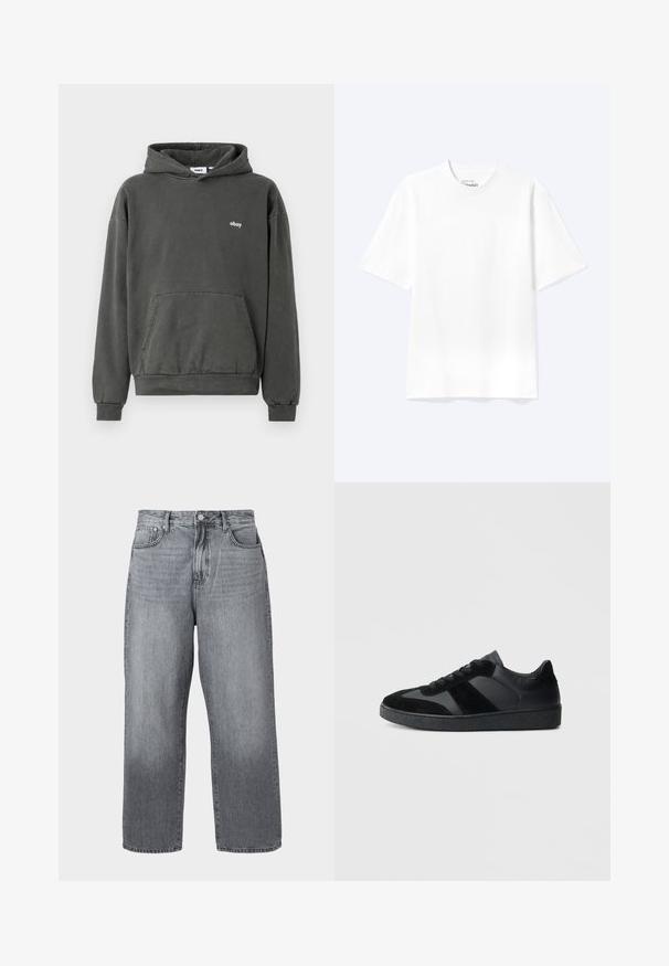Donkergrijze hoodie van zachte katoen, met een voorzak in kangoeroestijl en een subtiele witte "obey" logo op de borst. Klassieke, ontspannen pasvorm.; Effen witte T-shirt met korte mouwen en ronde hals, met een losse pasvorm, weergegeven op een lichte achtergrond.; Grijze denim wijde pijpen jeans met een hoge taille, vijf zakken en metalen sluiting. De stof vert toont lichte vervaging bij de zoom.; Zwarte sneakers met een mix van glad leer en suède, een gestructureerde zwarte rubberen zool en subtiele streepdetails.
