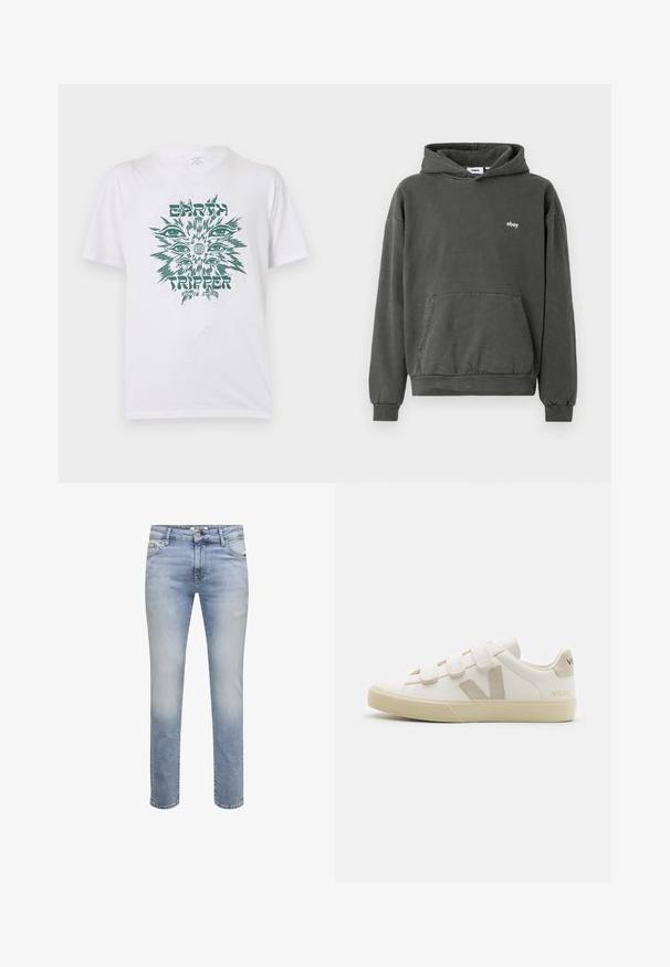 Hoodie gris foncé en coton doux, avec une poche kangourou à l'avant et un logo "obey" blanc discret sur la poitrine. Coupe classique décontractée.; T-shirt blanc à manches courtes avec un motif vert représentant plusieurs yeux autour d'un globe, texte "EARTH TRIPPER" et "VOLCOM STONE" sur le devant.; Jean slim bleu clair avec légère décoloration et design classique à cinq poches, fermeture par bouton et zip.; Baskets en cuir blanc avec des bandes Velcro, accents beiges, bout arrondi, semelle en caoutchouc texturé et logo embossé. Design minimaliste.