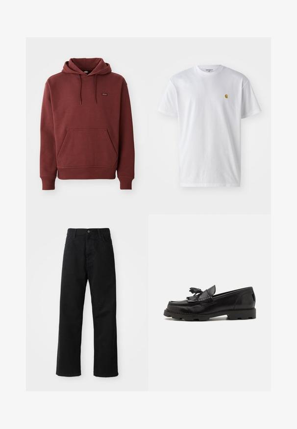 Bordeaux hoodie lavet af blødt materiale med en kængurulomme, ribbede ærmer og kant, samt et lille logotag på brystet.; Hvid bomulds t-shirt med korte ærmer, rund hals og et lille guld logo på venstre brystområde. Blød tekstur og almindelig pasform.; Sorte denimbukser med lige snit, der har frontlommer, lynlås og en enkelt knap i toppen. Struktureret stof med en mat finish.; Sorte læderloafer med et mokkasindesign, der har en dekorativ frynse og kvast, tekstureret overflade og kraftig gummisål.